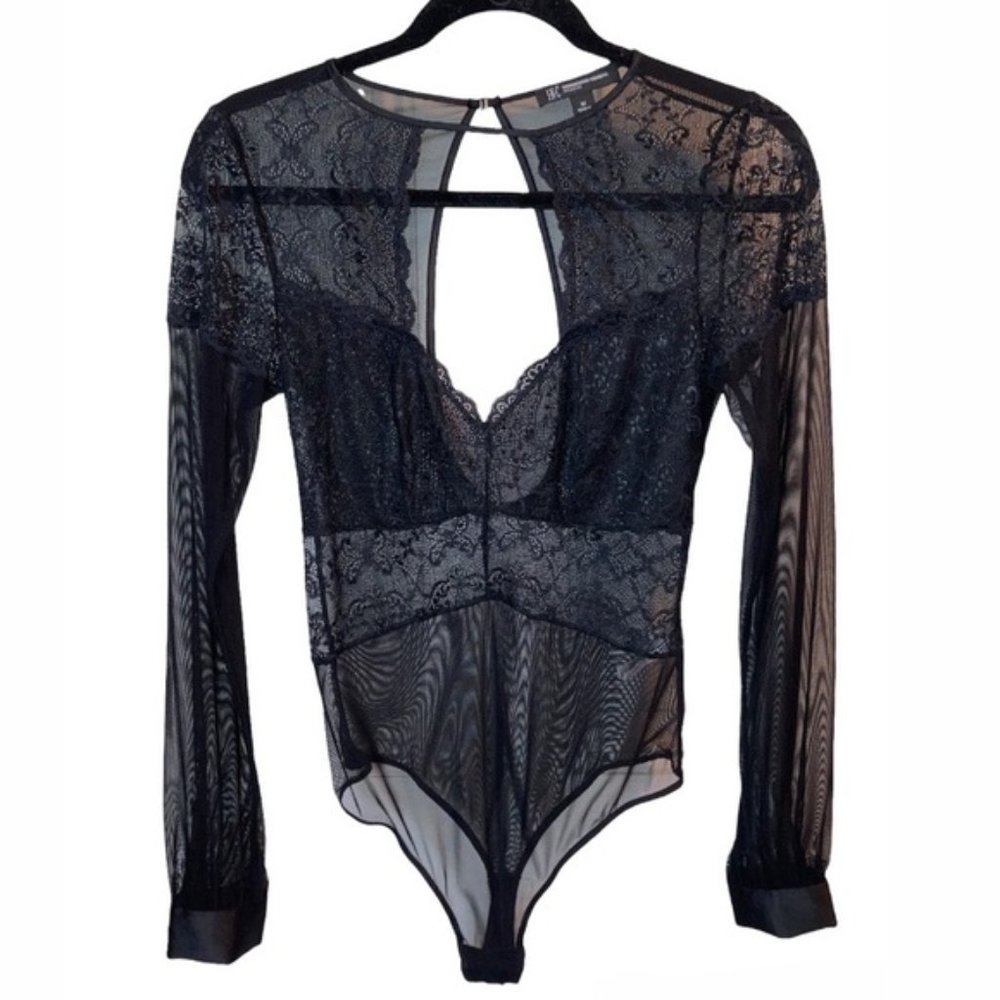 NWOT INC International Concepts Sheer Lace Long Sleeve Black Bodysuit Medium